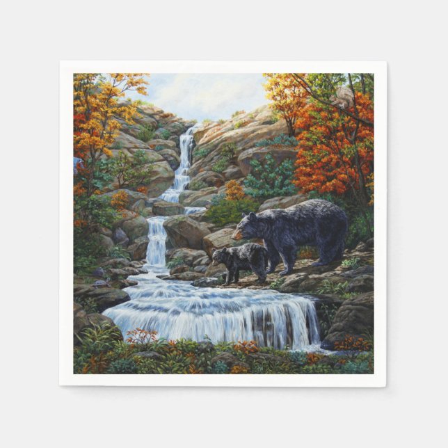 Black Bear Mother & Cub Waterfall Napkin (Front)