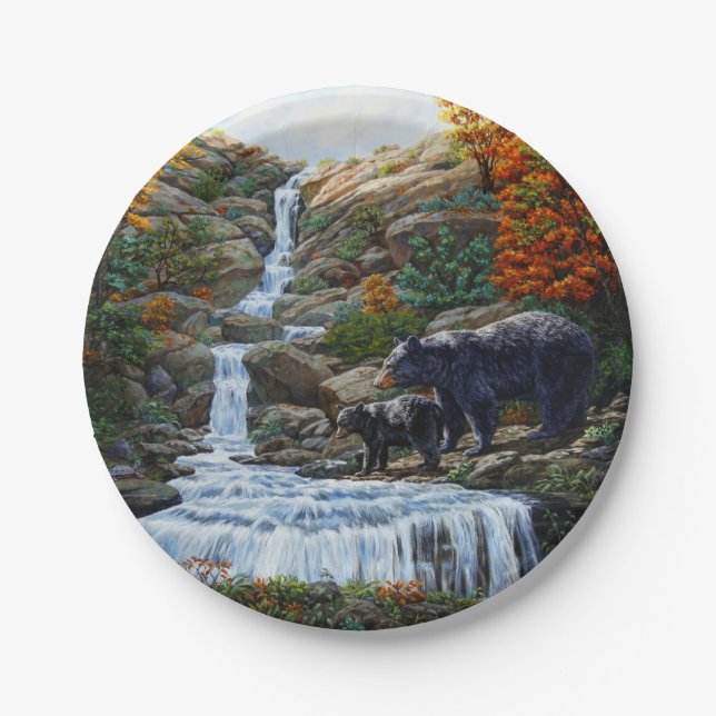 Black Bear Mother & Cub Waterfall Paper Plate (Front)