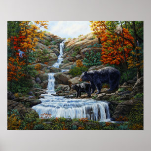 Black Bear Mother & Cub Waterfall Poster
