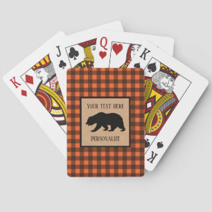 Black Bear On A Orange, Black Plaid Personalised Playing Cards