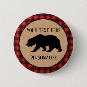 Black Bear On A Red And Black Plaid Personalised 6 Cm Round Badge