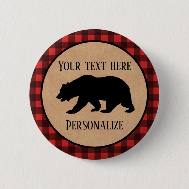 Black Bear On A Red And Black Plaid Personalised 6 Cm Round Badge (Front)