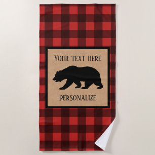 Black Bear On A Red And Black Plaid Personalised Beach Towel