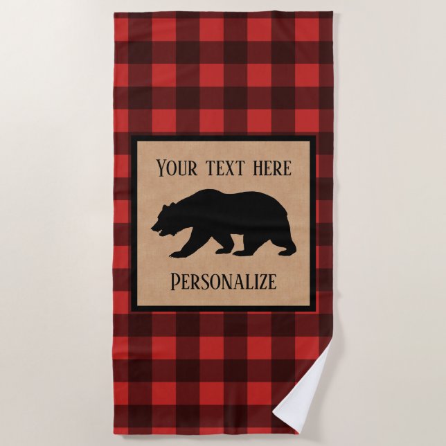 Black Bear On A Red And Black Plaid Personalised Beach Towel (Front)