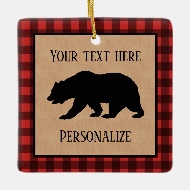 Black Bear On A Red And Black Plaid Personalised Ceramic Ornament (Front)