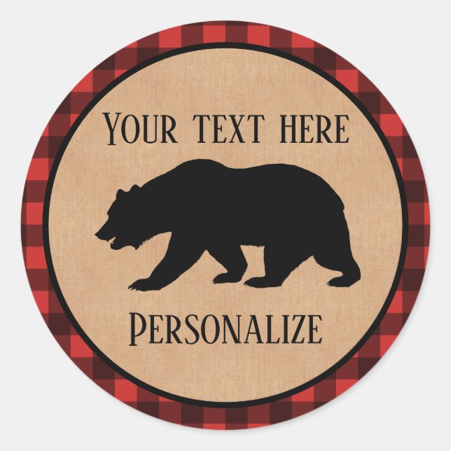 Black Bear On A Red And Black Plaid Personalised Classic Round Sticker (Front)