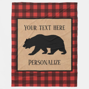 Black Bear On A Red And Black Plaid Personalised Fleece Blanket