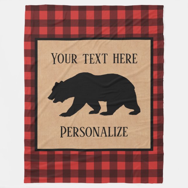 Black Bear On A Red And Black Plaid Personalised Fleece Blanket (Front)