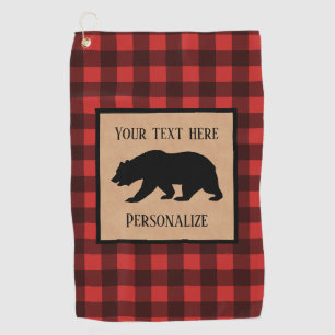 Black Bear On A Red And Black Plaid Personalised Golf Towel