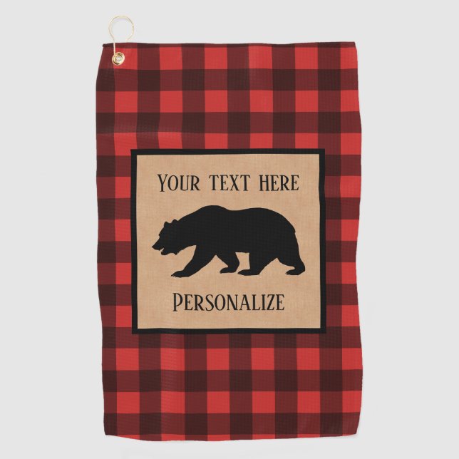 Black Bear On A Red And Black Plaid Personalised Golf Towel (Front)