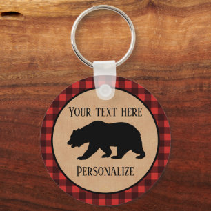 Black Bear On A Red And Black Plaid Personalised Key Ring
