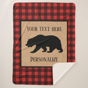 Black Bear On A Red And Black Plaid Personalised Sherpa Blanket