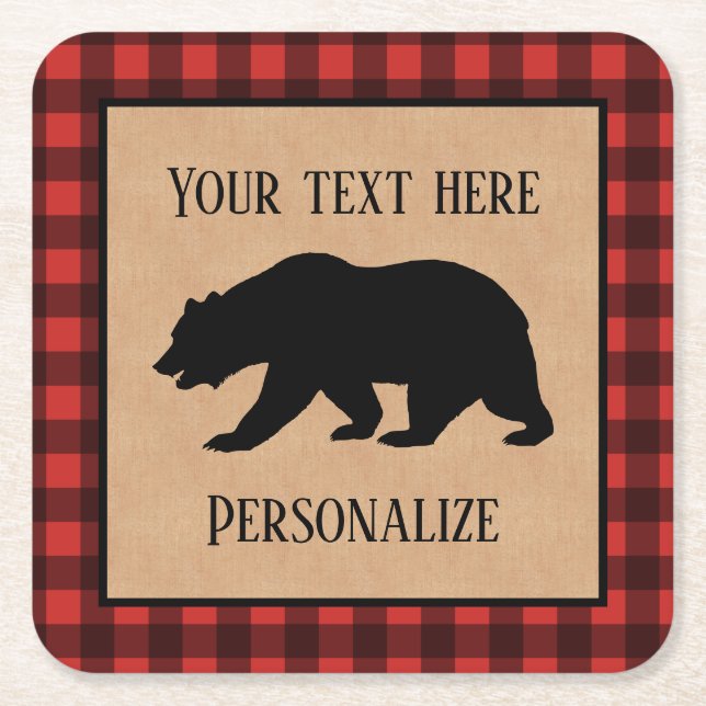 Black Bear On A Red And Black Plaid Personalised Square Paper Coaster (Front)