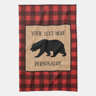 Black Bear On A Red And Black Plaid Personalised Tea Towel