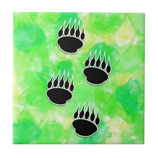 Black Bear Paw Prints Green Watercolor Tile (Front)