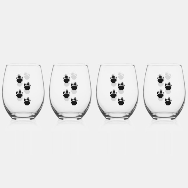 Black Bear Paw Prints Stemless Wine Glass (Front)