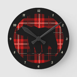Black Bear Red Black Plaid Round Clock