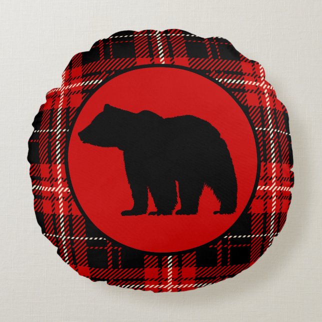 Black Bear, Red Plaid Cabin Round Cushion (Front)