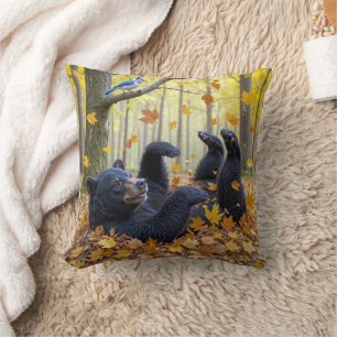 Black Bear Rolling In Autumn Leaves Cushion