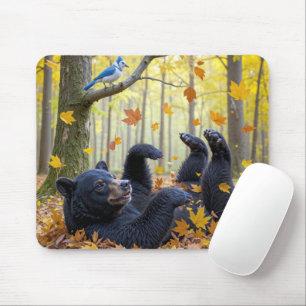 Black Bear Rolling In Autumn Leaves Mouse Mat