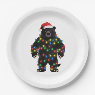 Black Bear Santa Hat Christmas Lights Merry Paper Plate