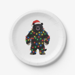 Black Bear Santa Hat Christmas Lights Merry Paper Plate