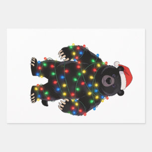 Black Bear Santa Hat Christmas Lights Merry Wrapping Paper Sheet