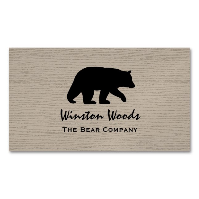 Black Bear Silhouette on Faux Wood Background Magnetic Business Card (Front)