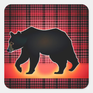 Black Bear Silhouette On Plaid Square Sticker