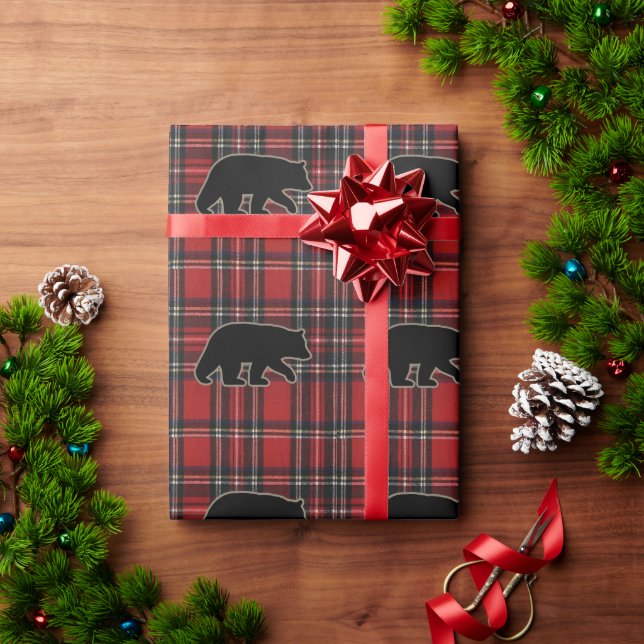 Black Bear Silhouettes Pattern on Plaid Wrapping Paper (Holiday Gift)