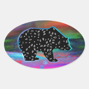 Black Bear Spirit Northern Light Colours Oval Sticker