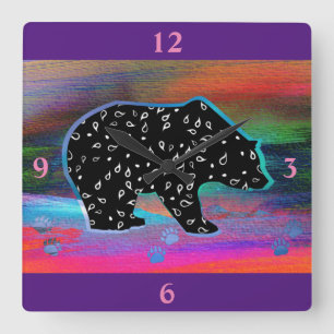 Black Bear Spirit Northern Light Colours Square Wall Clock