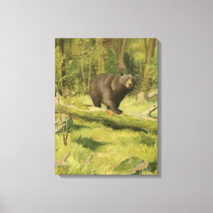 Black Bear Stepping on a Tree Trunk Canvas Print