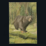 Black Bear Stepping on a Tree Trunk Tea Towel<br><div class="desc">This fine art print by Oliver Kemp illustrates a brown bear stepping on a fallen tree in a forest. The pastel green colours are calming for the eye and create a nice warm feeling of the awakening nature in the spring. A great addition to any rustic home decor!</div>