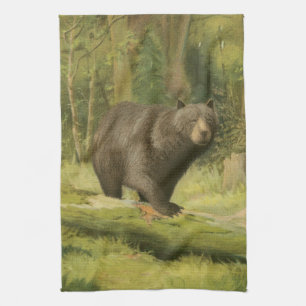 Black Bear Stepping on a Tree Trunk Tea Towel