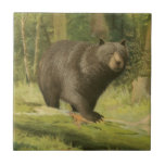 Black Bear Stepping on a Tree Trunk Tile<br><div class="desc">This fine art print by Oliver Kemp illustrates a brown bear stepping on a fallen tree in a forest. The pastel green colours are calming for the eye and create a nice warm feeling of the awakening nature in the spring. A great addition to any rustic home decor!</div>