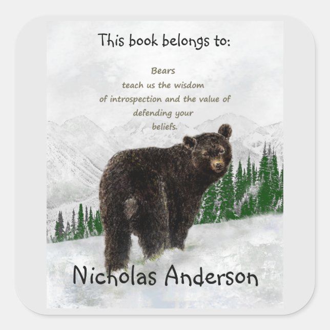 Black Bear Totem Animal Spirit Guide Bookplate Square Sticker (Front)