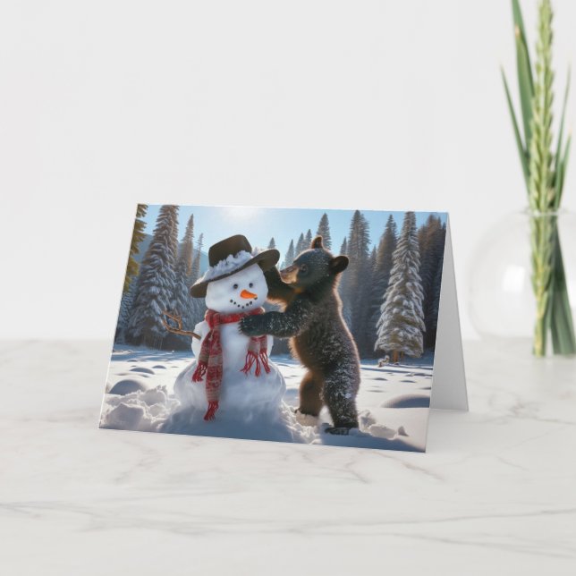 BLACK BEAR WINTER - BEAUTIFUL SNOWMAN HOLIDAY CARD (Front)