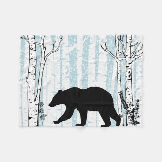 Black Bear With Birch Blue Sky Fleece Blanket
