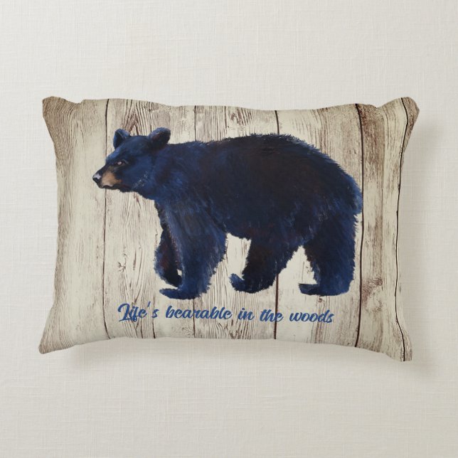 Black bear with Rustic Painted Wood Decorative Cushion (Back)
