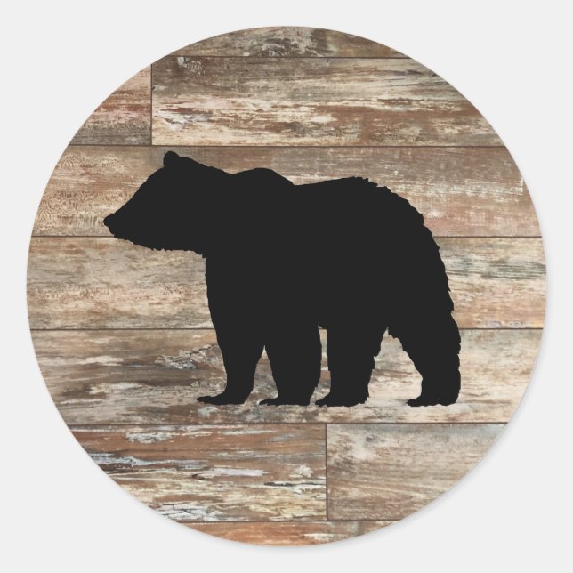 Black Bear Wood Painting Rustic Style Classic Round Sticker (Front)