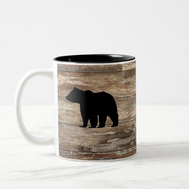 Black Bear Wood Painting Rustic Style Two-Tone Coffee Mug (Left)