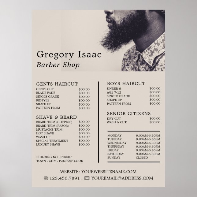 Black Beard Model, Men's Barbers Price List Poster (Front)