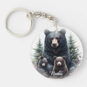 Black Bears in Forest Rustic Wildlife Key Ring