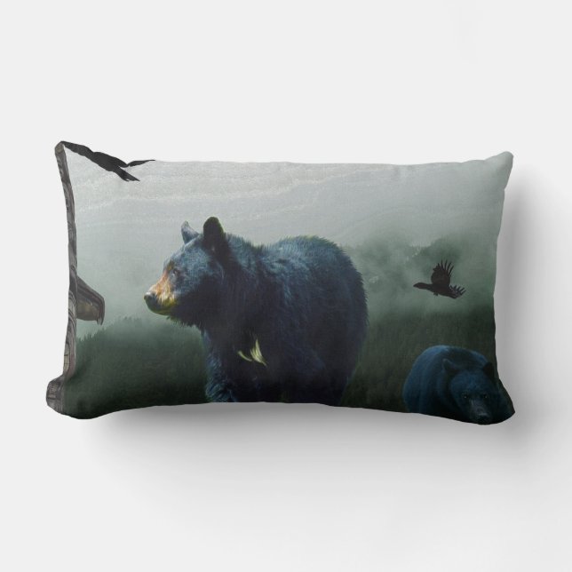 Black Bears, Raven and Totem Pole Art Lumbar Cushion (Front)