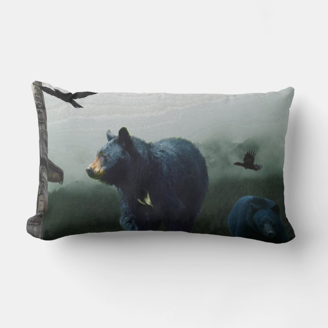 Black Bears, Raven and Totem Pole Art Lumbar Cushion (Front)