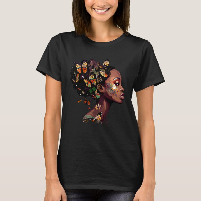 Black Beautiful African Queen Butterfly Hair Fun M T-Shirt (Front)