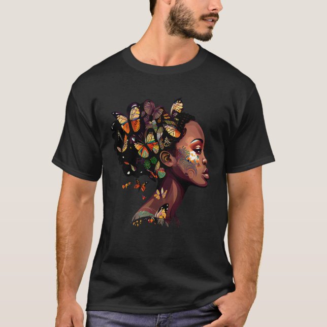 Black Beautiful African Queen Butterfly Hair Fun M T-Shirt (Front)