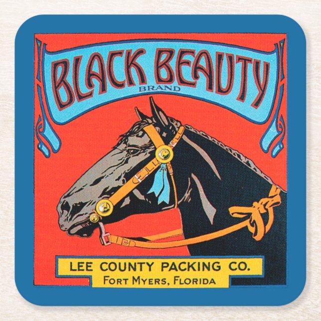 Black Beauty Horse on Red Background Square Paper Coaster (Front)