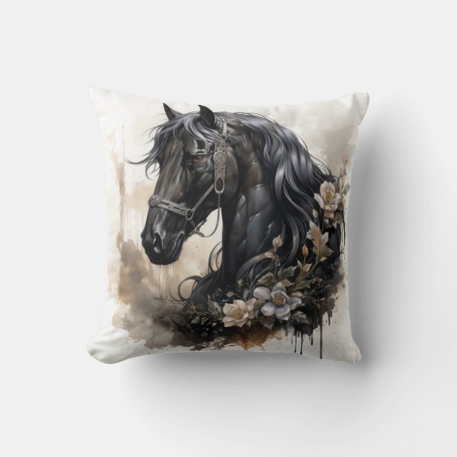 Black beauty horse portrait cushion (Front)
